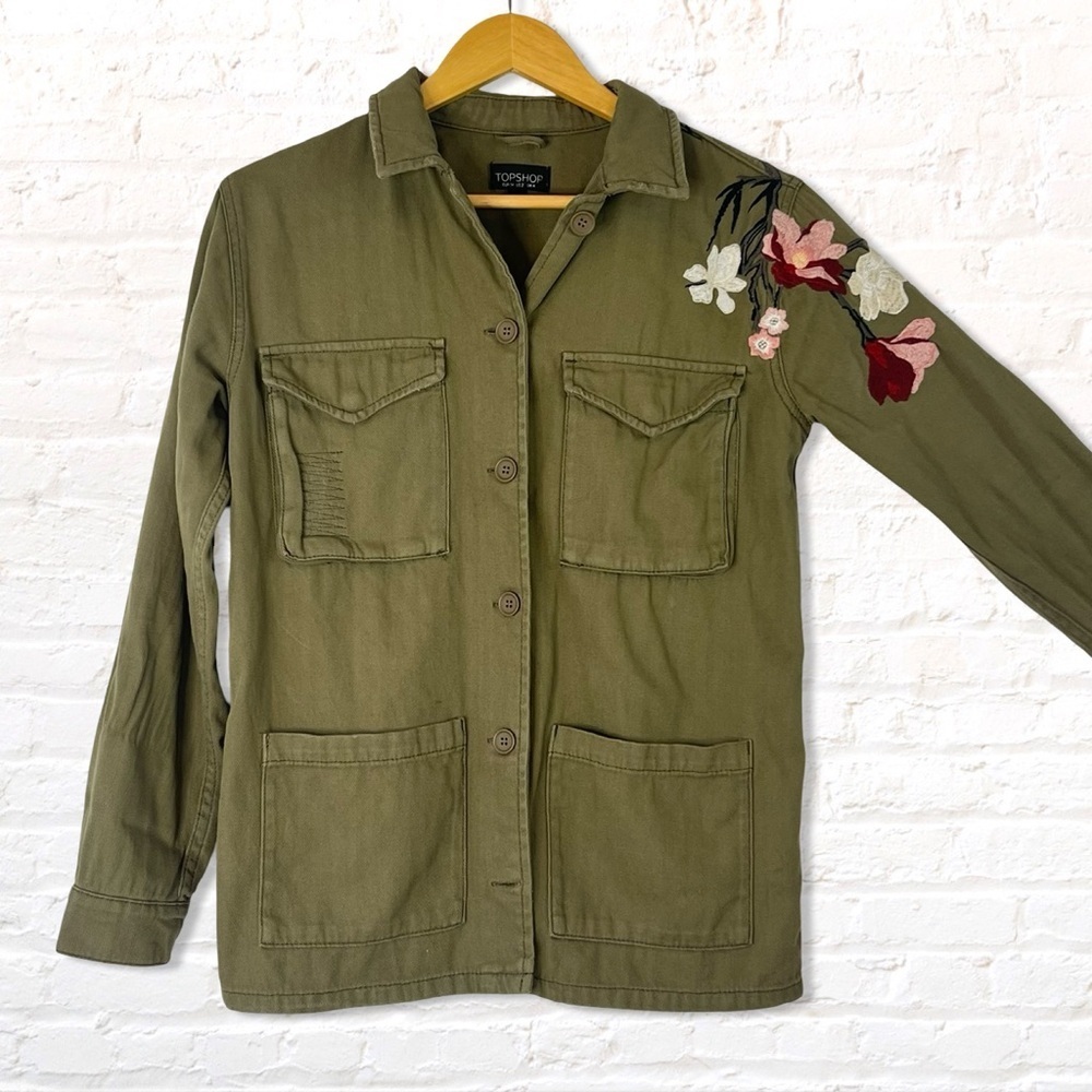 Top shop Olive Green Herringbone Military Jacket with Floral Embroidery size 2 - Picture 4 of 11